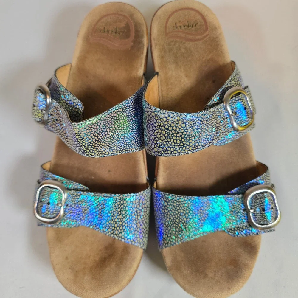 Dansko Sophie Sandals Iridescent Blue Leather Platform Wedge Womens 40 9.5